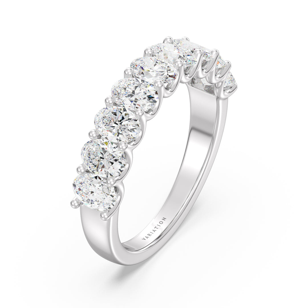 Oval Cut Lab Grown Diamond 9 Stone Scalloped Half Eternity Wedding Band in 18K White Gold