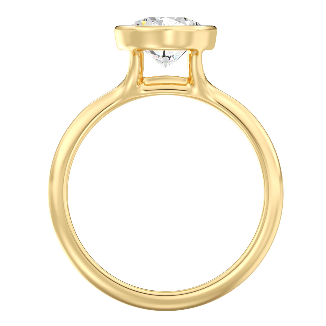 Side view of an oval cut lab grown diamond bezel solitaire ring in 18K yellow gold featuring an IGI certified diamond and sleek modern bezel setting.
