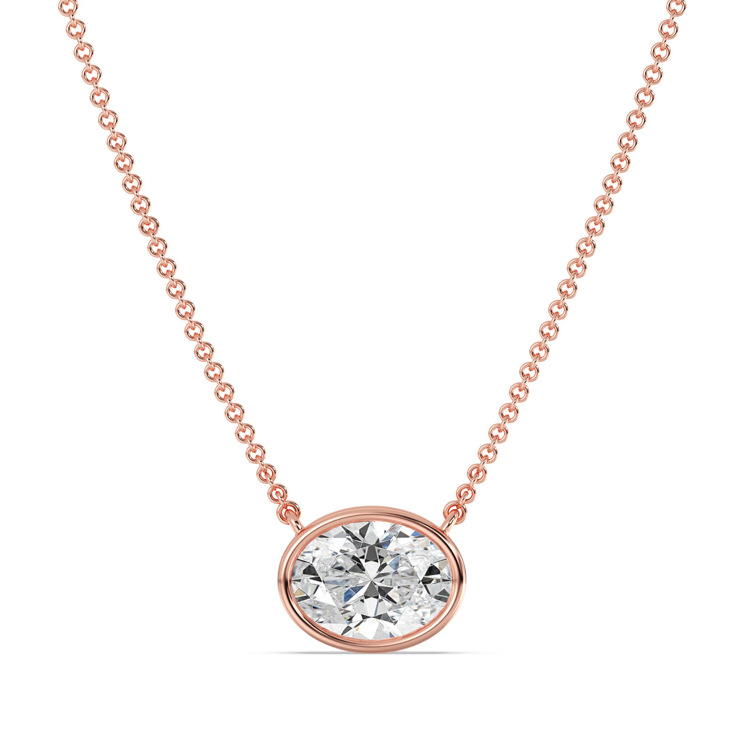 Oval Cut Lab Grown Diamond Bezel Set Solitaire Pendant Necklace in 18K Rose Gold