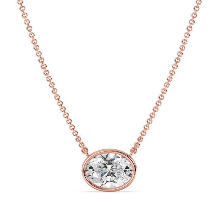 Oval Cut Lab Grown Diamond Bezel Set Solitaire Pendant Necklace in 18K Rose Gold