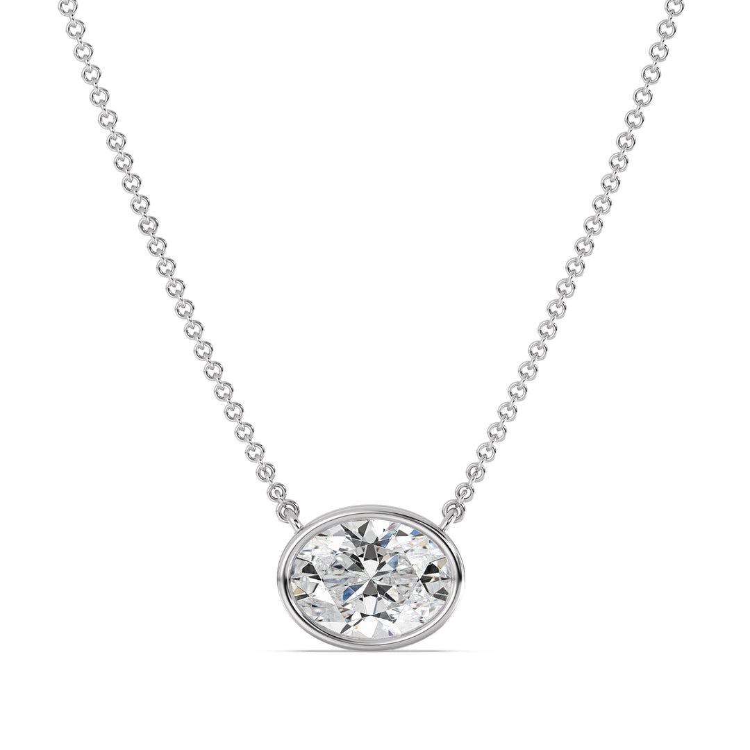 Oval Cut Lab Grown Diamond Bezel Set Solitaire Pendant Necklace in 18K White Gold