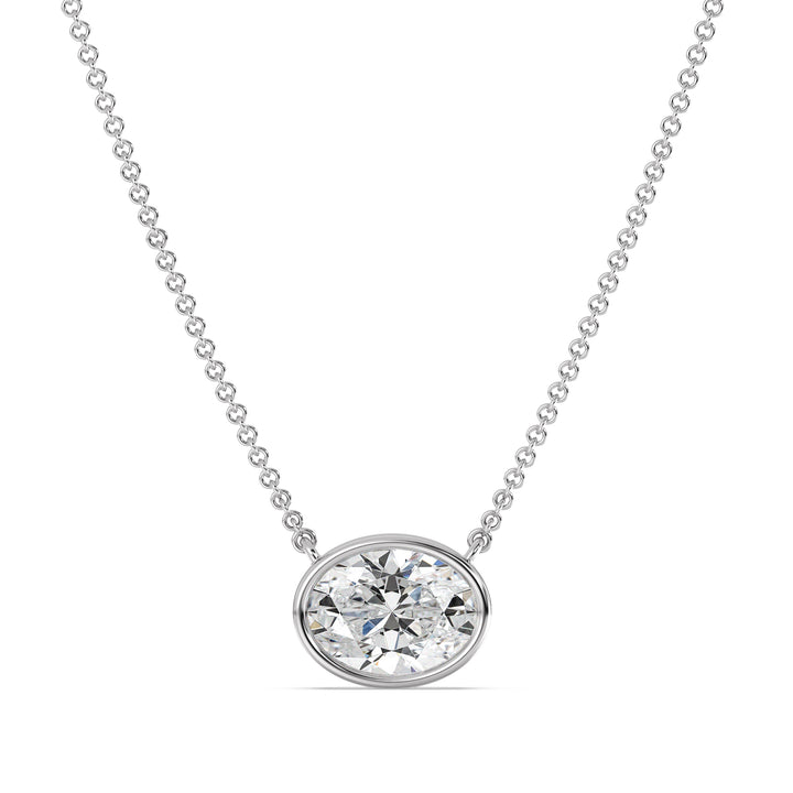 Oval Cut Lab Grown Diamond Bezel Set Solitaire Pendant Necklace in 18K White Gold