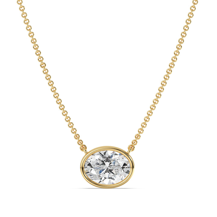 Oval Cut Lab Grown Diamond Bezel Set Solitaire Pendant Necklace in 18K Yellow Gold