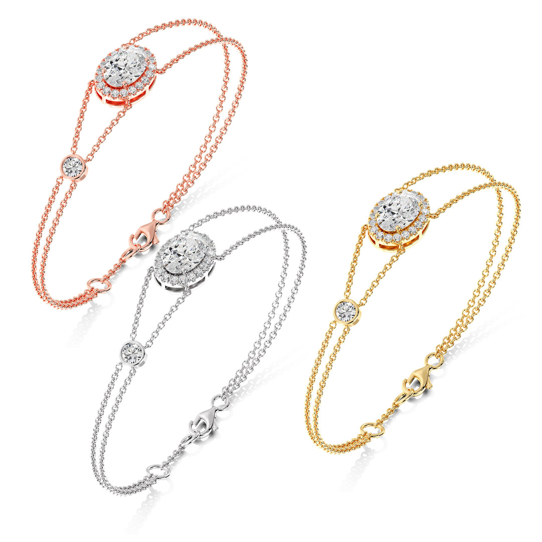 Oval Cut Lab Grown Diamond Double Chain Halo Bracelet in Yellow Gold White Gold and Rose Gold
