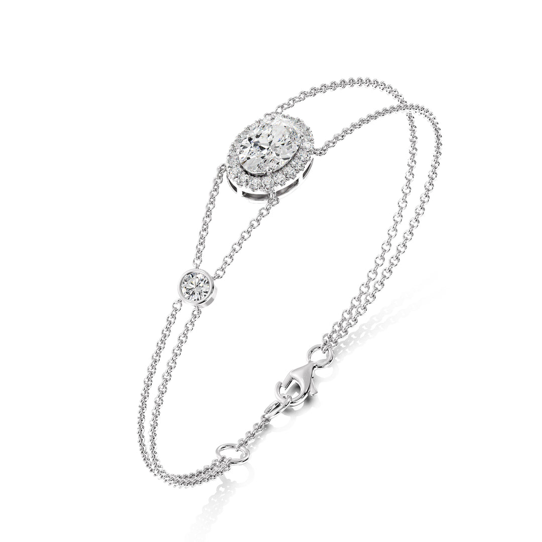 Oval Cut Lab Grown Diamond Double Chain Halo Bracelet in 18K White Gold