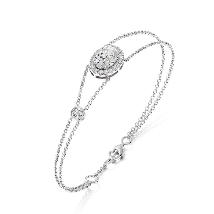 Oval Cut Lab Grown Diamond Double Chain Halo Bracelet in 18K White Gold