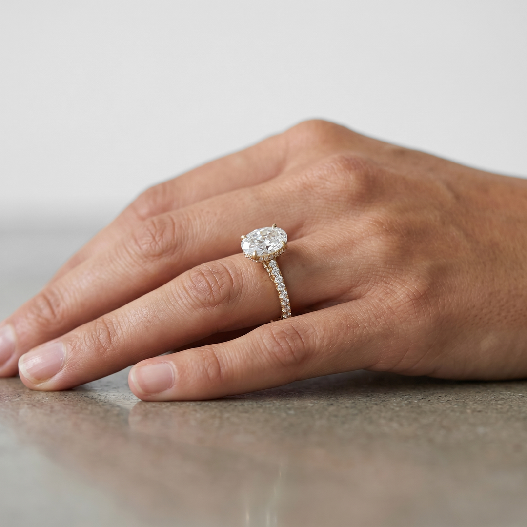 Oval Cut Lab Grown Diamond Engagement Ring with Hidden Halo Setting in 18K Yellow Gold