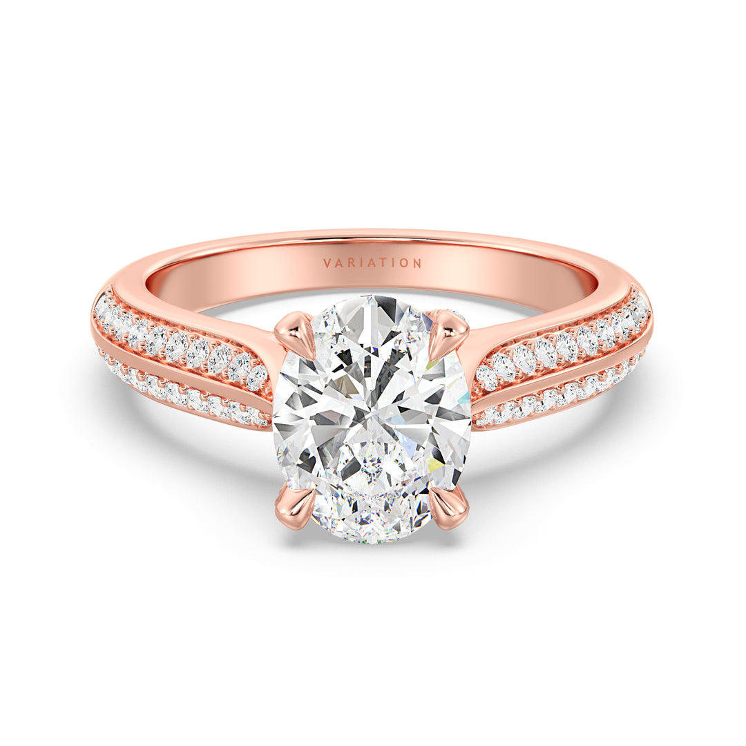 Oval Cut Lab Grown Diamond Halo Engagement Ring with Pavé Band in 18K Rose Gold