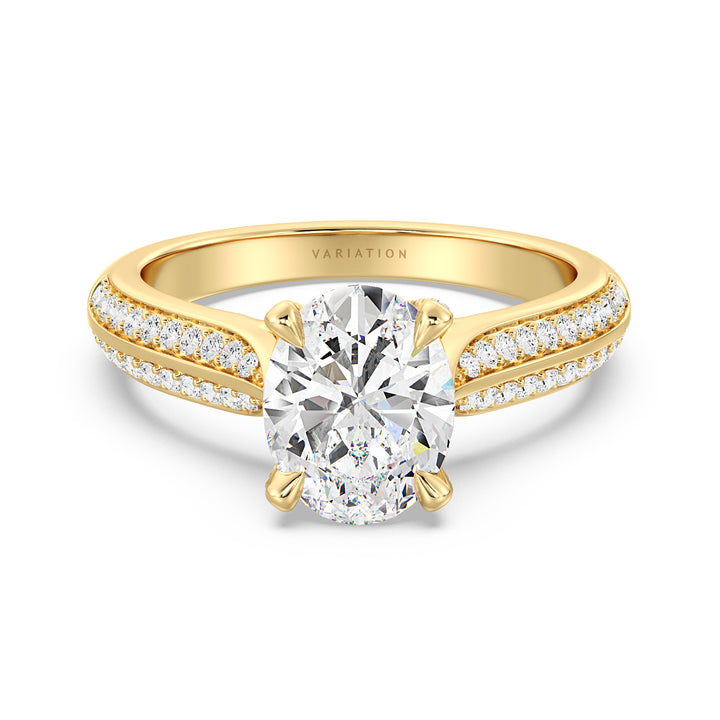 Oval Cut Lab Grown Diamond Halo Engagement Ring with Pavé Band in 18K Yellow Gold