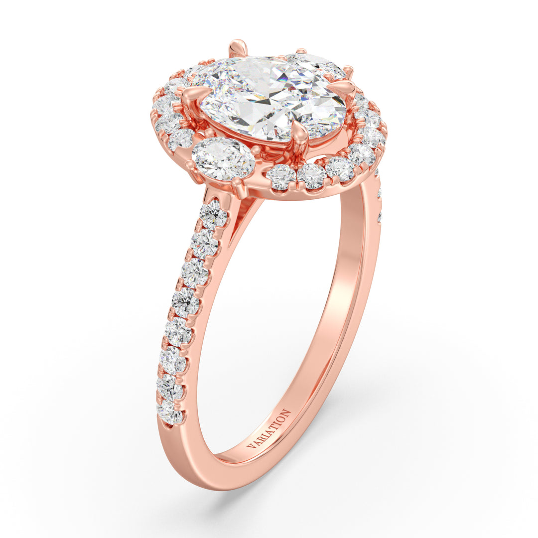Oval Cut Lab Grown Diamond Halo Ring with Scalloped Pavé Shank in 18K Rose Gold