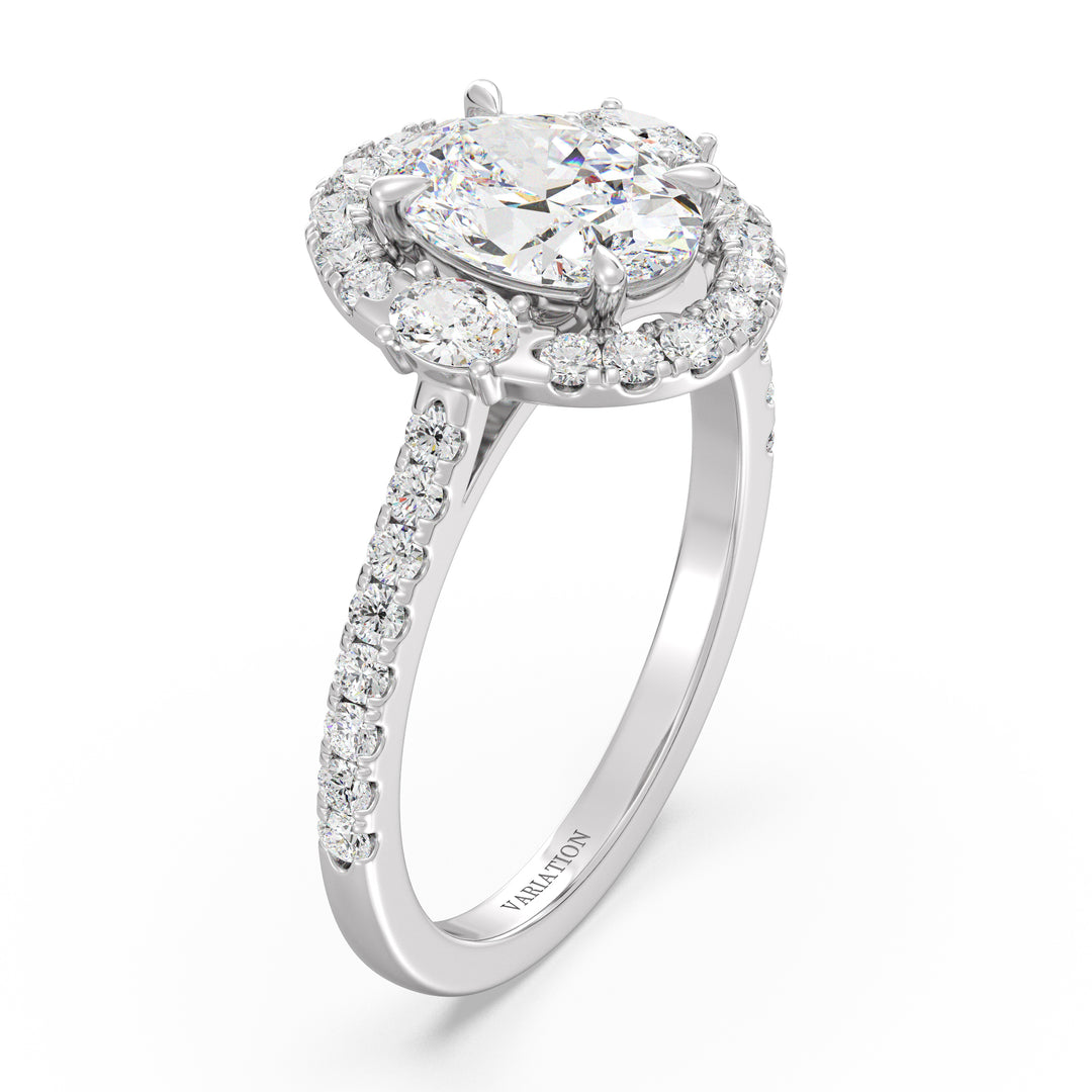 Oval Cut Lab Grown Diamond Halo Ring with Scalloped Pavé Shank in 18K White Gold