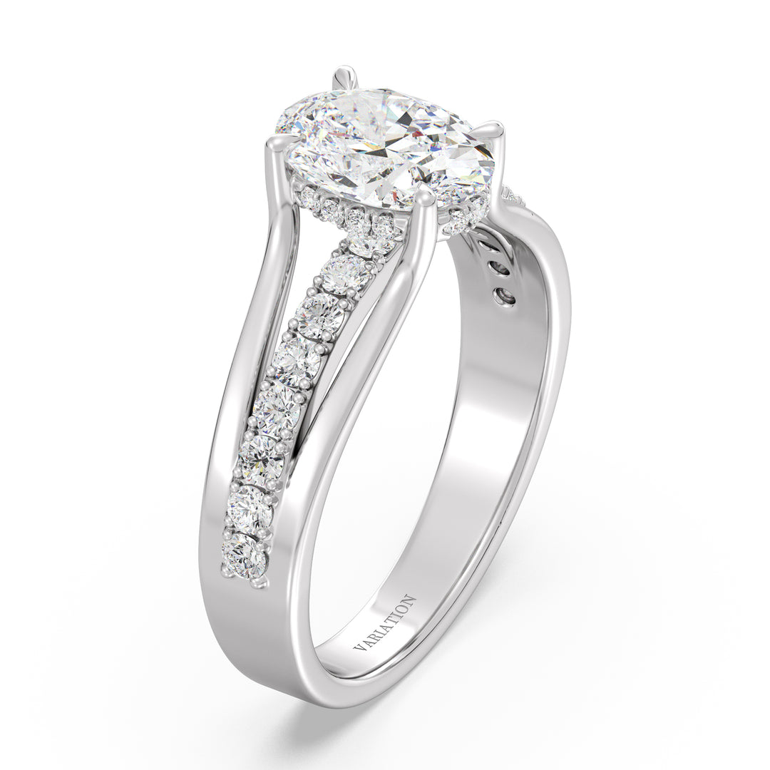Oval Cut Lab Grown Diamond Halo Split Shank Ring in 18K White Gold