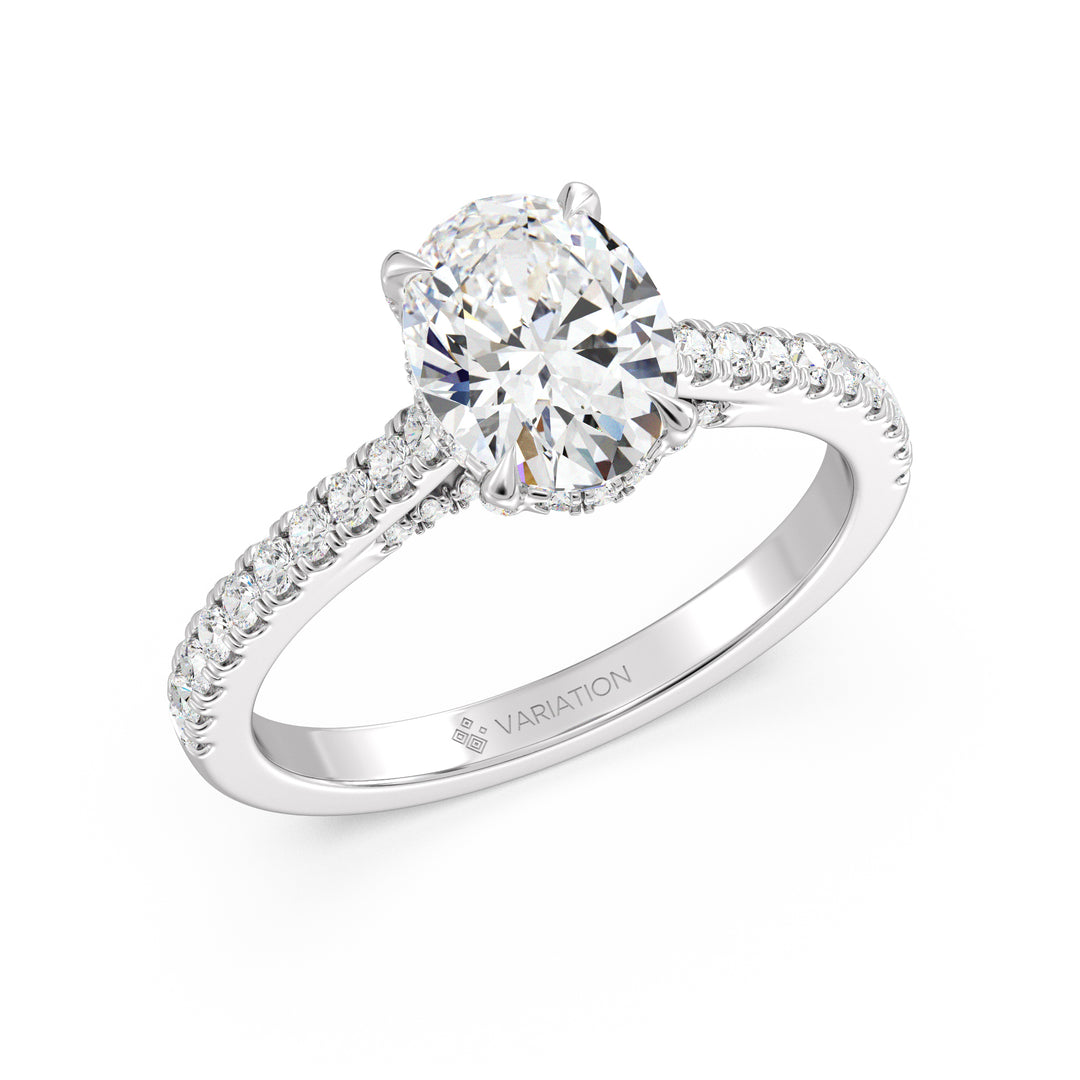 Oval Cut Lab Grown Diamond Hidden Halo Engagement Ring in 18K White Gold