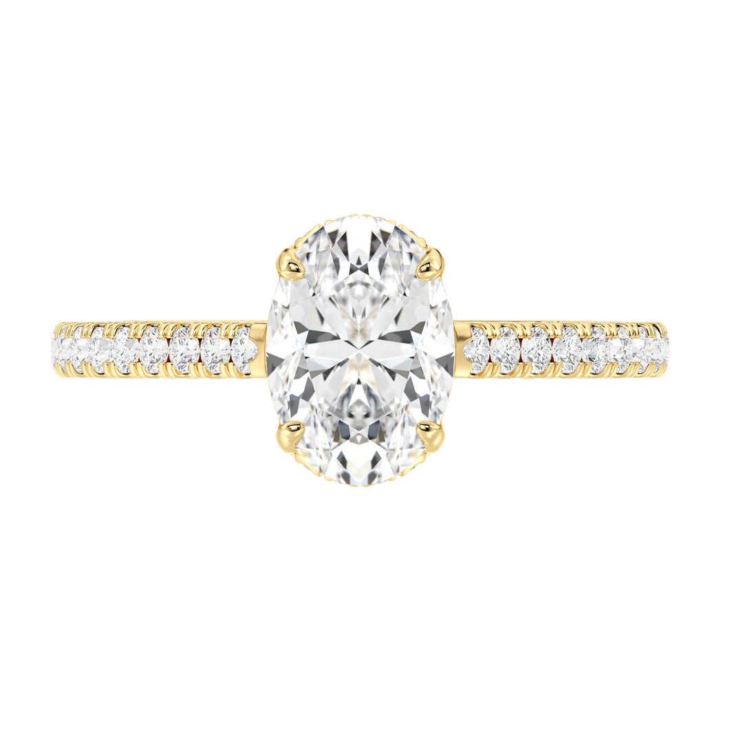 Oval Cut Lab Grown Diamond Solitaire Ring with Hidden Halo Under Gallery in 18K Yellow Gold