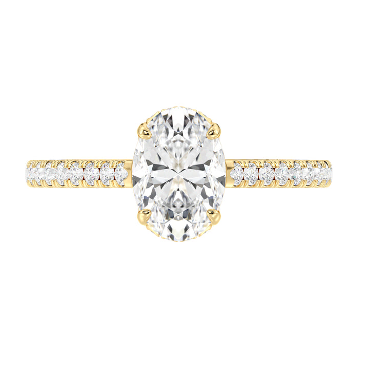 Oval Cut Lab Grown Diamond Solitaire Ring with Hidden Halo Under Gallery in 18K Yellow Gold