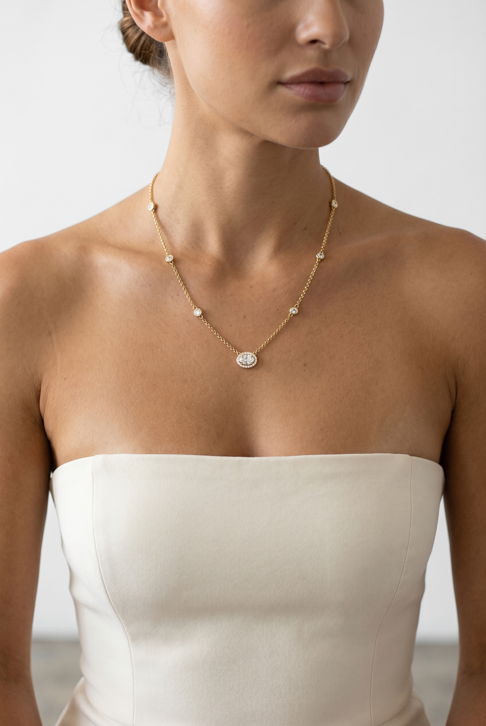Oval Cut Lab Grown Diamond Station Necklace in 18K Yellow Gold