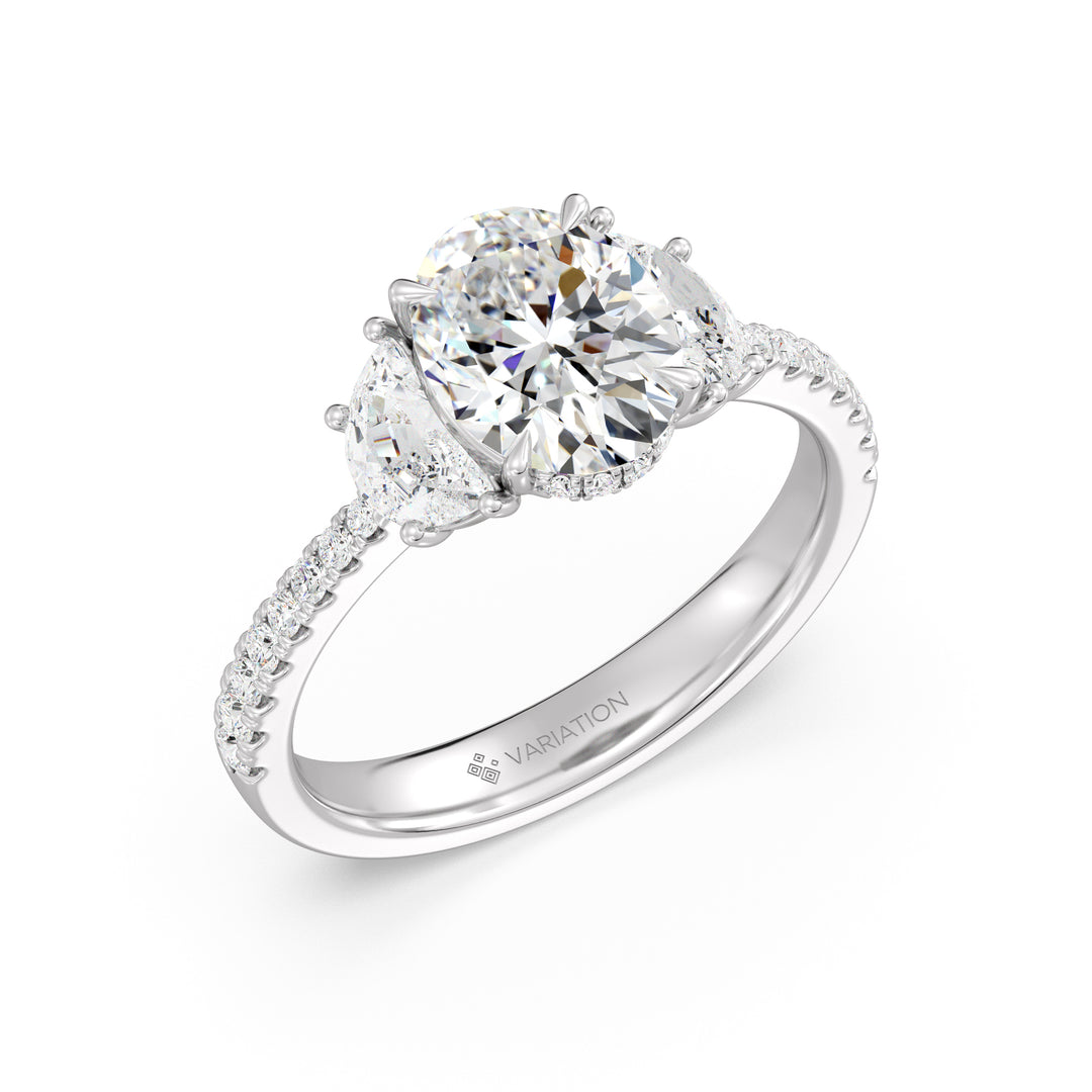Oval Cut Lab Grown Diamond Three Stone Engagement Ring with Half Moon Side Diamonds in 18K White Gold