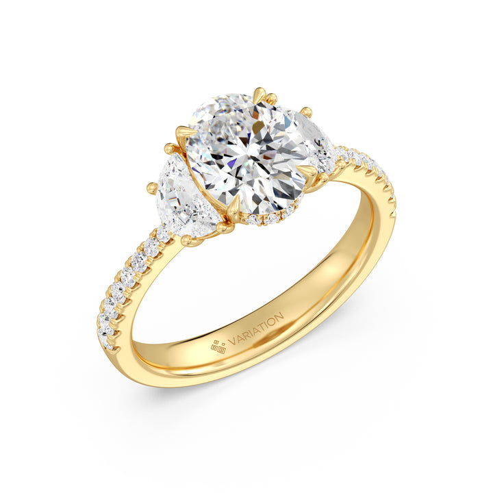 Oval Cut Lab Grown Diamond Three Stone Engagement Ring with Half Moon Side Diamonds in 18K Yellow Gold