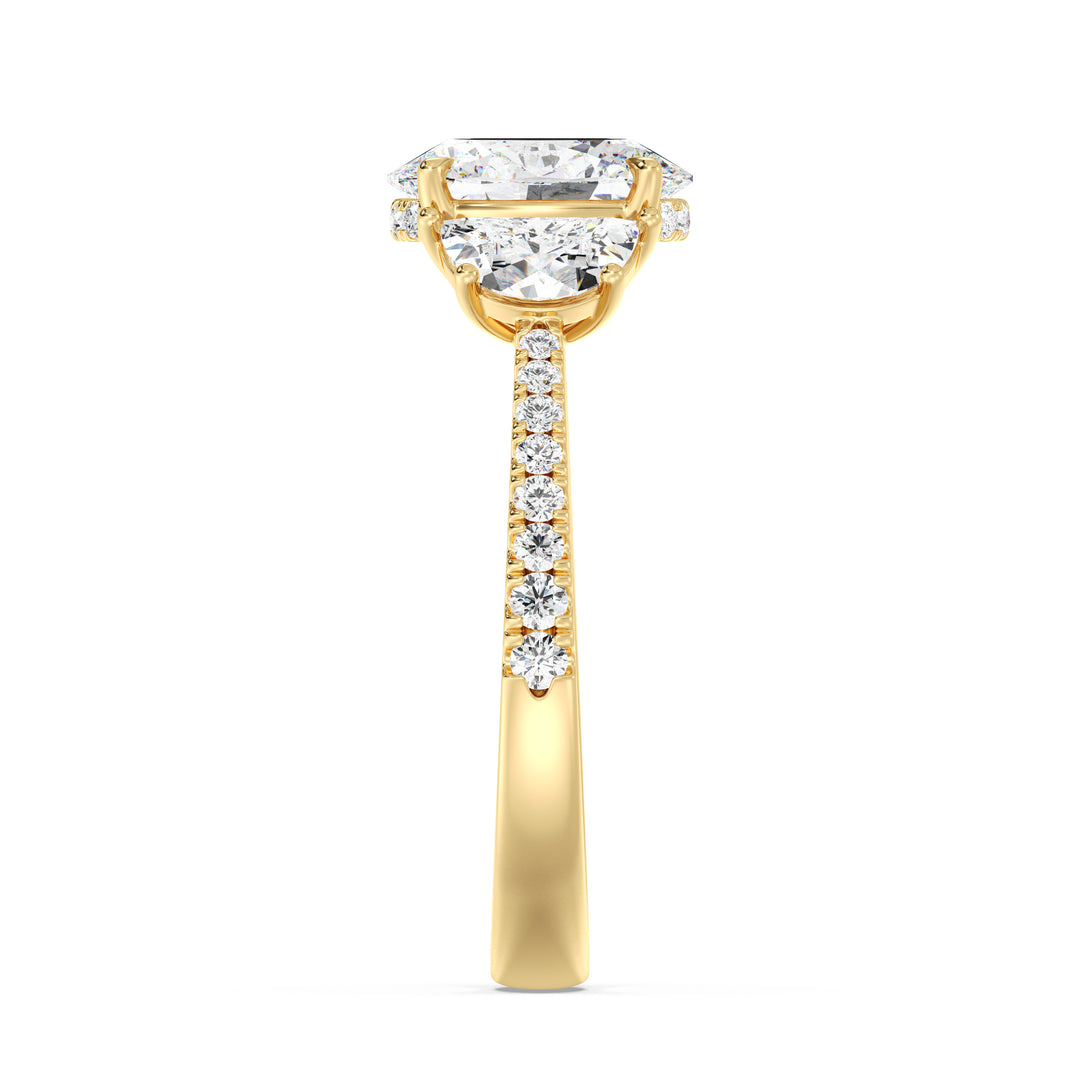 Oval Cut Lab Grown Diamond Three Stone Engagement Ring with Half Moon Side Diamonds in 18K yellow Gold