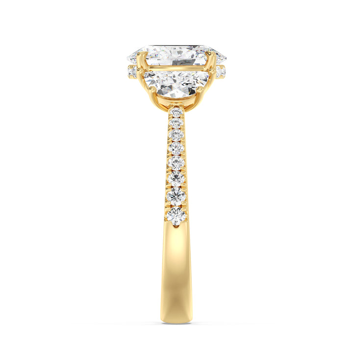 Oval Cut Lab Grown Diamond Three Stone Engagement Ring with Half Moon Side Diamonds in 18K yellow Gold