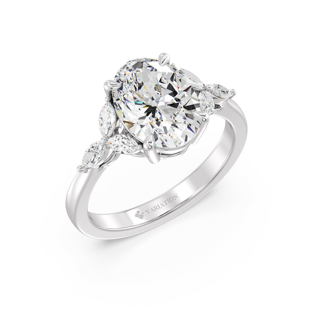 Oval Cut Lab Grown Diamond Three Stone Ring with Marquise Side Accents in 18K White Gold