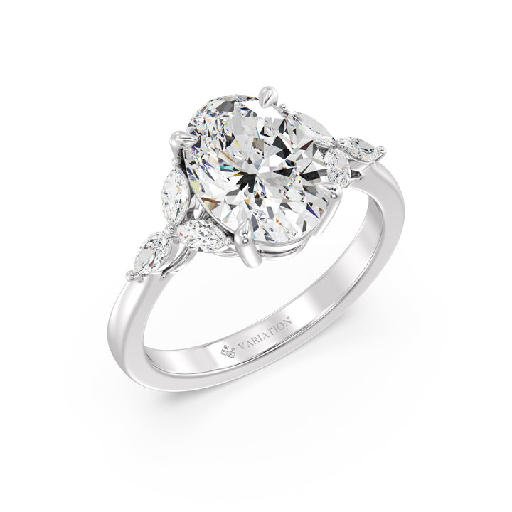 Oval Cut Lab Grown Diamond Three Stone Ring with Marquise Side Accents in 18K White Gold