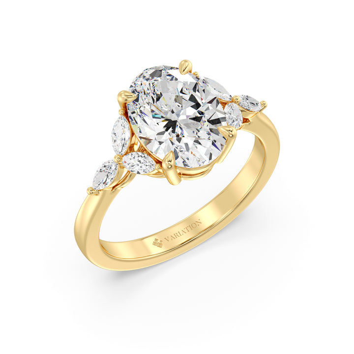 Oval Cut Lab Grown Diamond Three Stone Ring with Marquise Side Accents in 18K Yellow Gold