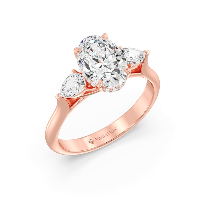 Oval Cut Lab Grown Diamond Three Stone Ring with Pear Side Diamonds in 18K Rose Gold