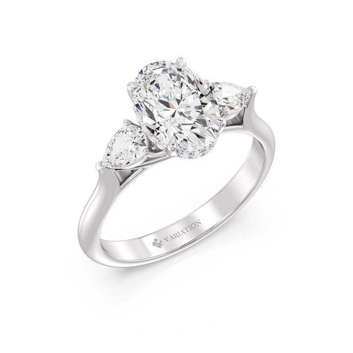Oval Cut Lab Grown Diamond Three Stone Ring with Pear Side Diamonds in 18K White Gold