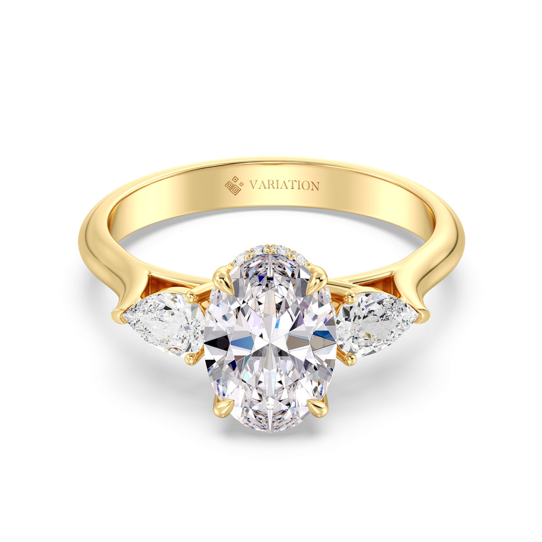 Oval Cut Lab Grown Diamond Three Stone Ring with Pear Side Diamonds in 18K Yellow Gold