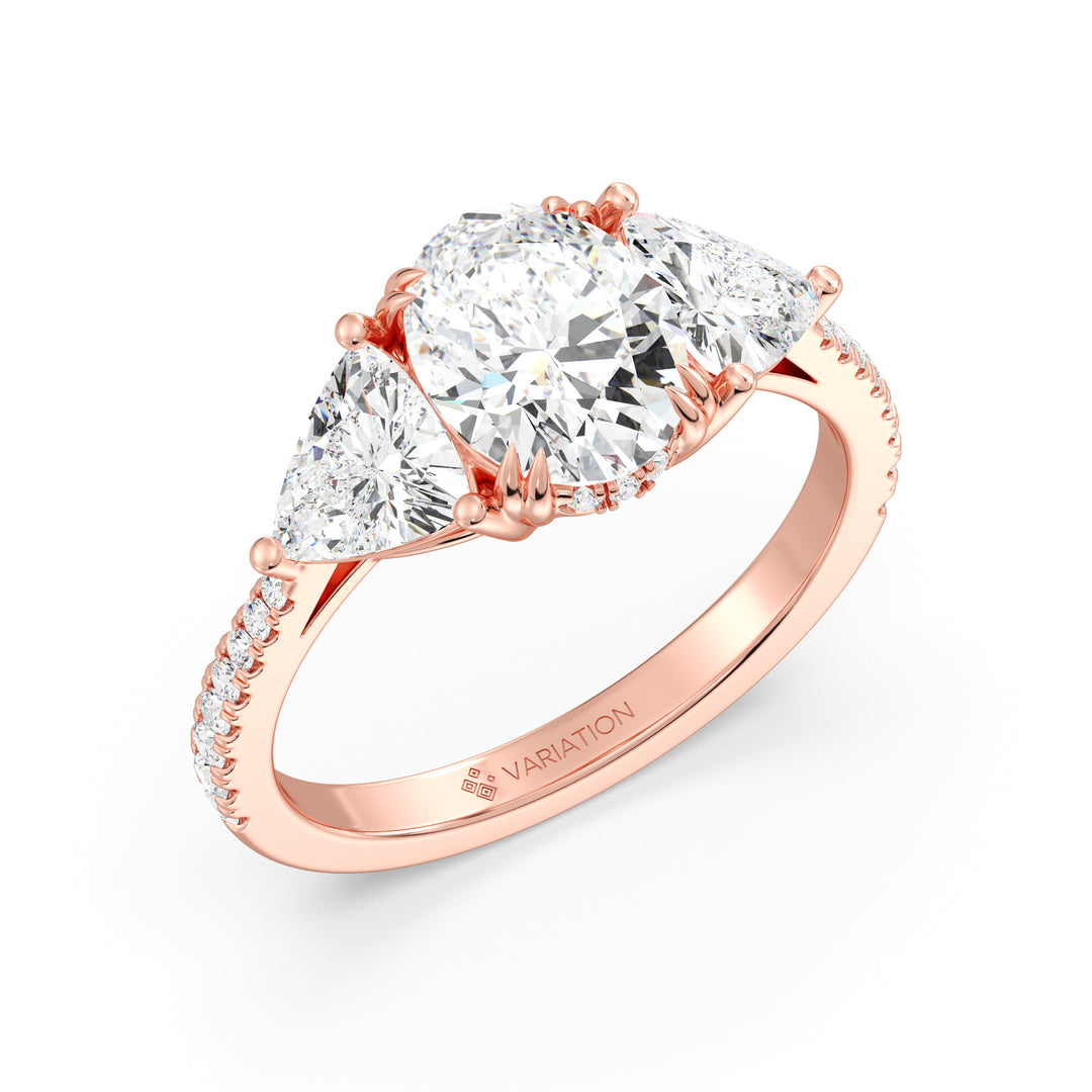 Oval Cut Lab Grown Diamond Three Stone Ring with Trilliant Side Diamonds in 18K Rose Gold