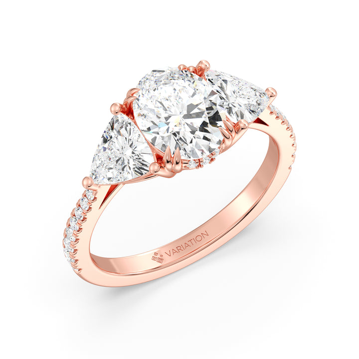 Oval Cut Lab Grown Diamond Three Stone Ring with Trilliant Side Diamonds in 18K Rose Gold