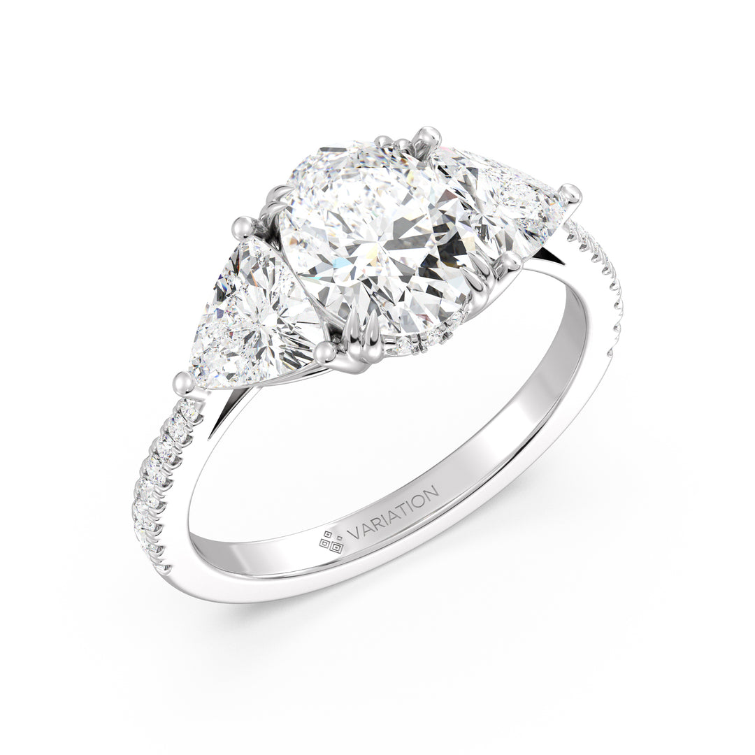 Oval Cut Lab Grown Diamond Three Stone Ring with Trilliant Side Diamonds in 18K White Gold