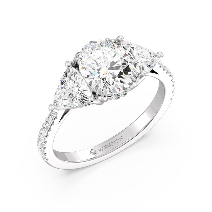Oval Cut Lab Grown Diamond Three Stone Ring with Trilliant Side Diamonds in 18K White Gold