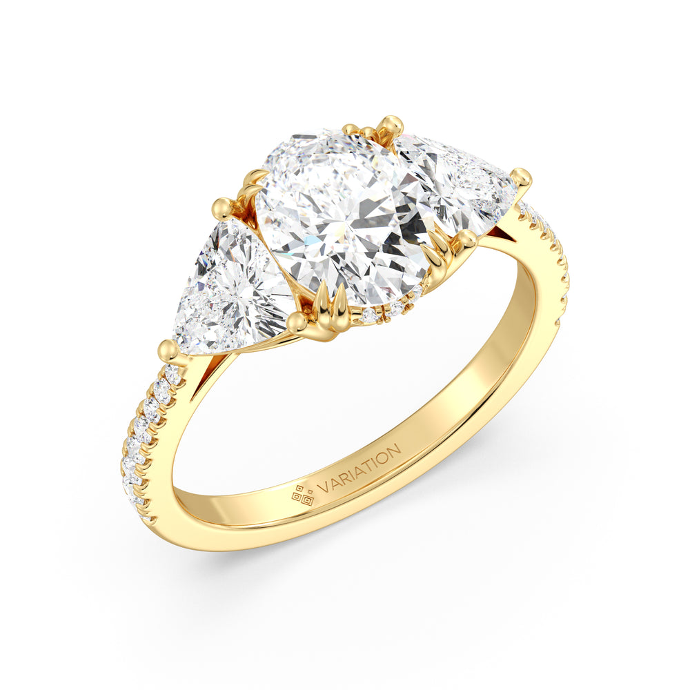 Oval Cut Lab Grown Diamond Three Stone Ring with Trilliant Side Diamonds in 18K Yellow Gold
