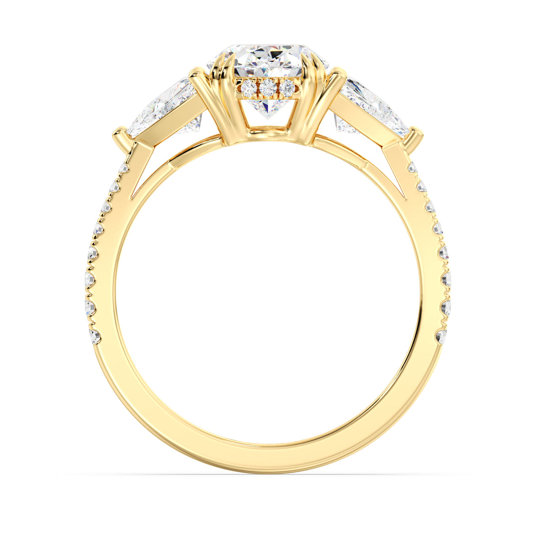 Oval Cut Three Stone Diamond Ring with Triangle Side Diamonds in 18K Yellow Gold