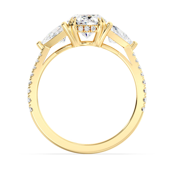 Oval Cut Three Stone Diamond Ring with Triangle Side Diamonds in 18K Yellow Gold