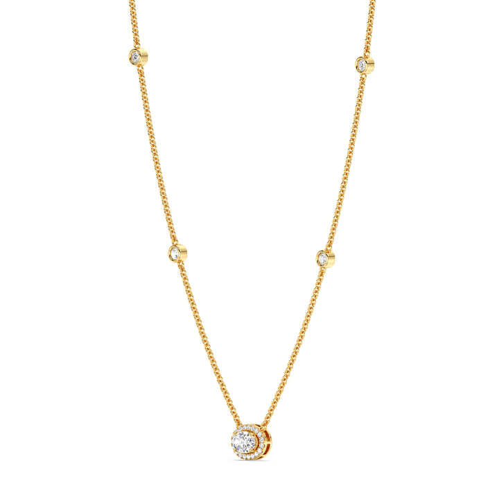 Oval Diamond Necklace with Round Accent Diamonds in 18K Yellow Gold