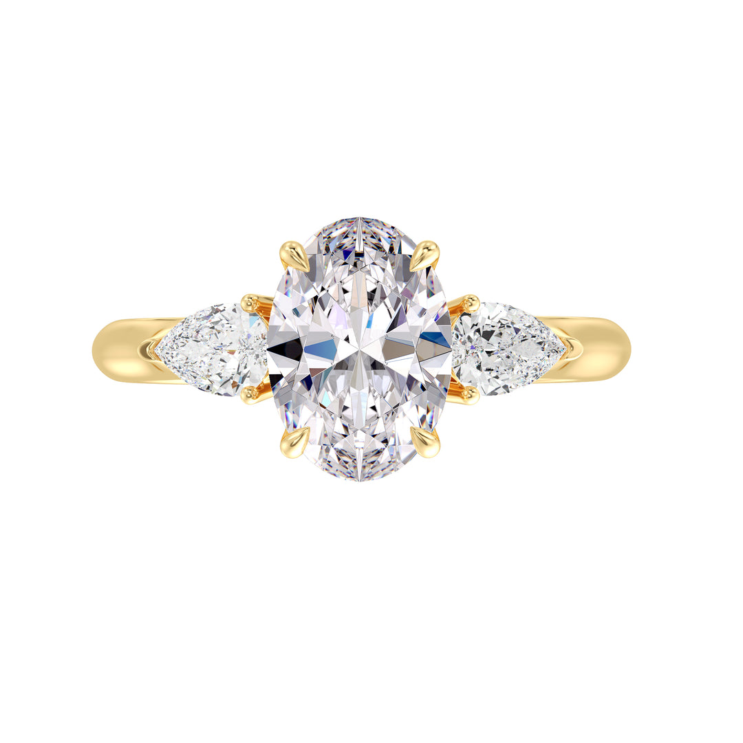 Oval Diamond Ring with Pear Side Stones and Hidden Accents in Yellow Gold