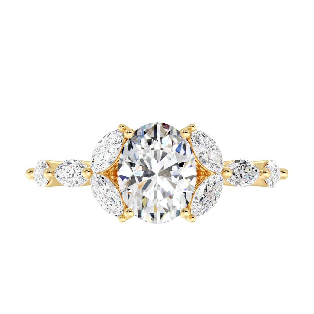 Oval Lab Grown Diamond Ring with Elegant Marquise Side Diamonds in 18K Yellow Gold