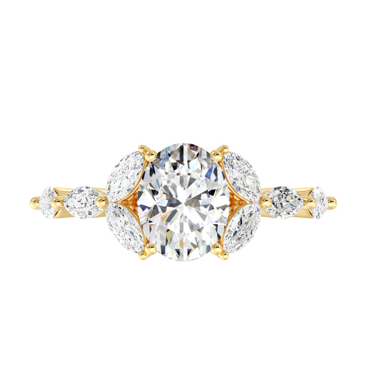 Oval Lab Grown Diamond Ring with Elegant Marquise Side Diamonds in 18K Yellow Gold