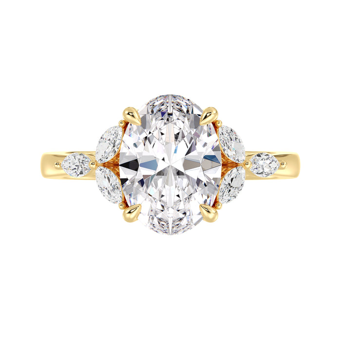 Oval Solitaire Ring with Marquise Diamond Side Stones in Yellow Gold