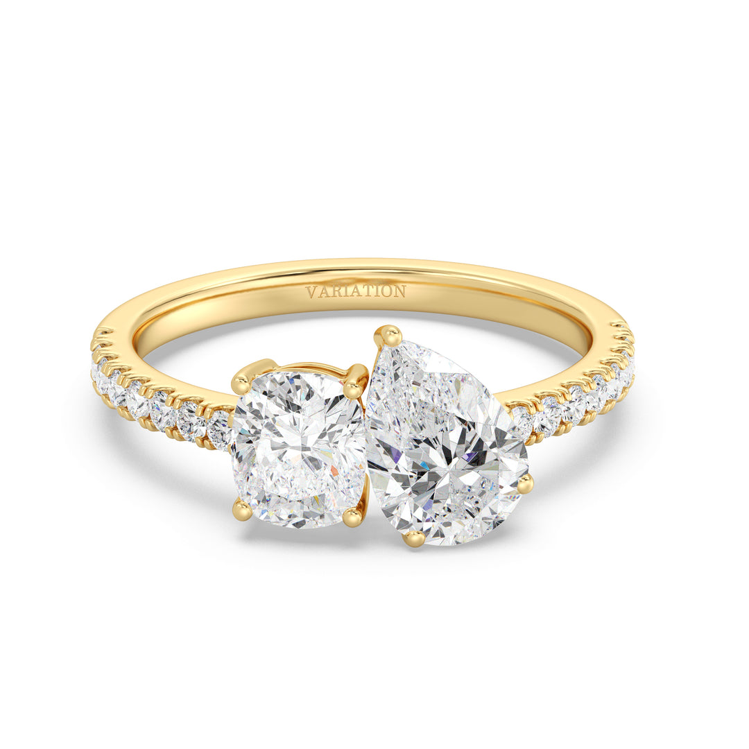 Pear and Cushion Cut Lab Grown Diamond Toi et Moi Ring in 18K Yellow Gold