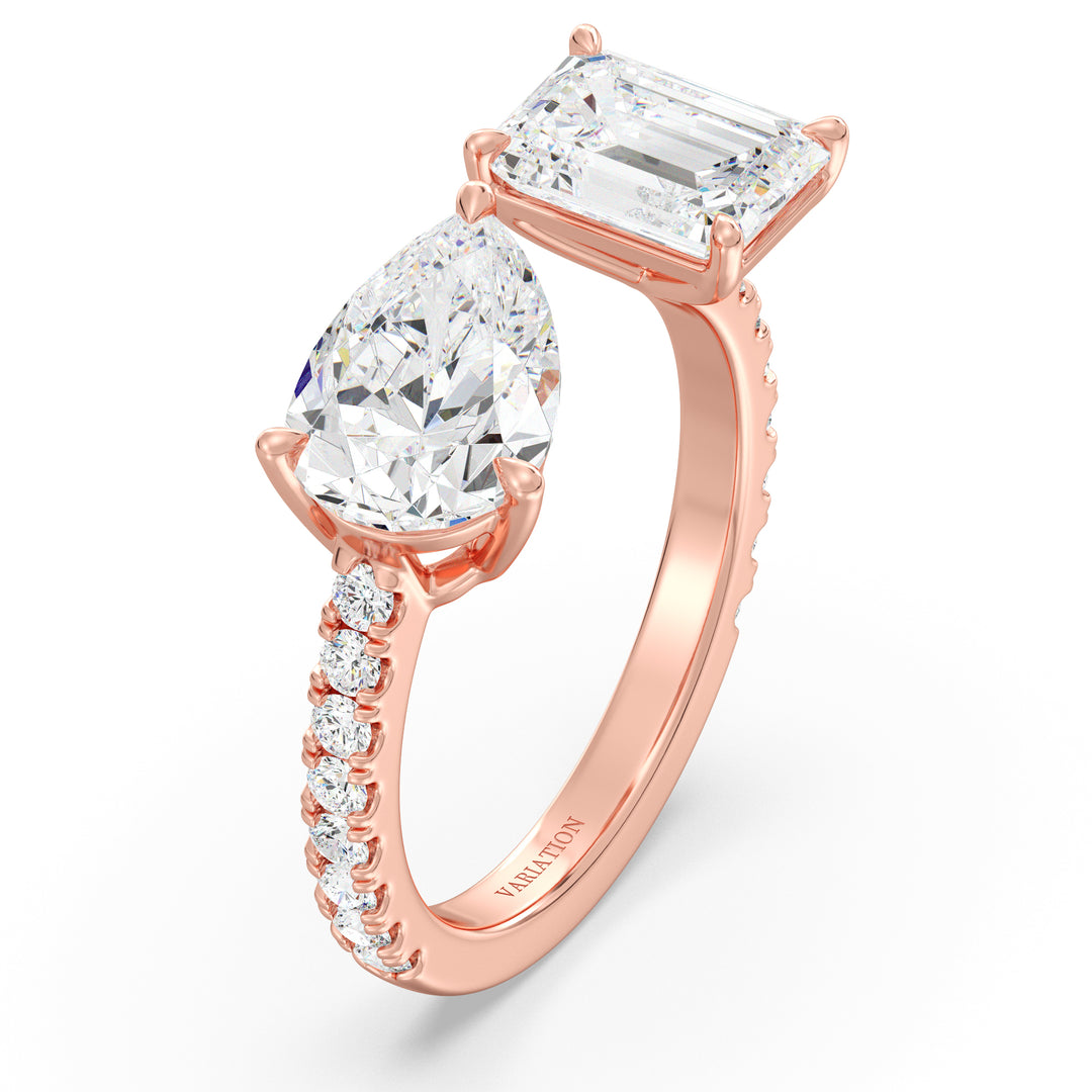 Pear and Emerald Cut Lab Grown Diamond Toi et Moi Ring in 18K Rose Gold