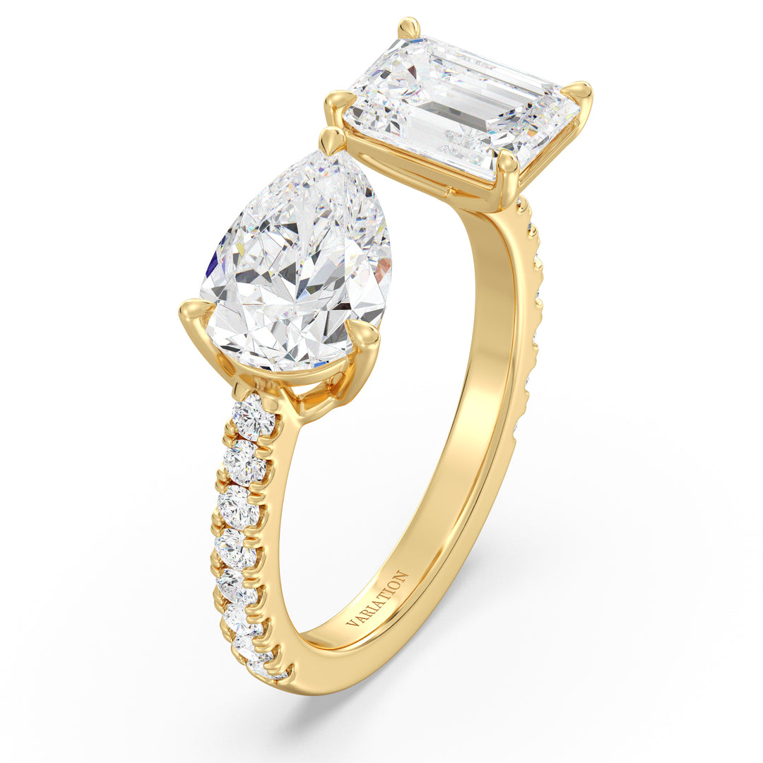 Pear and Emerald Cut Lab Grown Diamond Toi et Moi Ring in 18K Yellow Gold