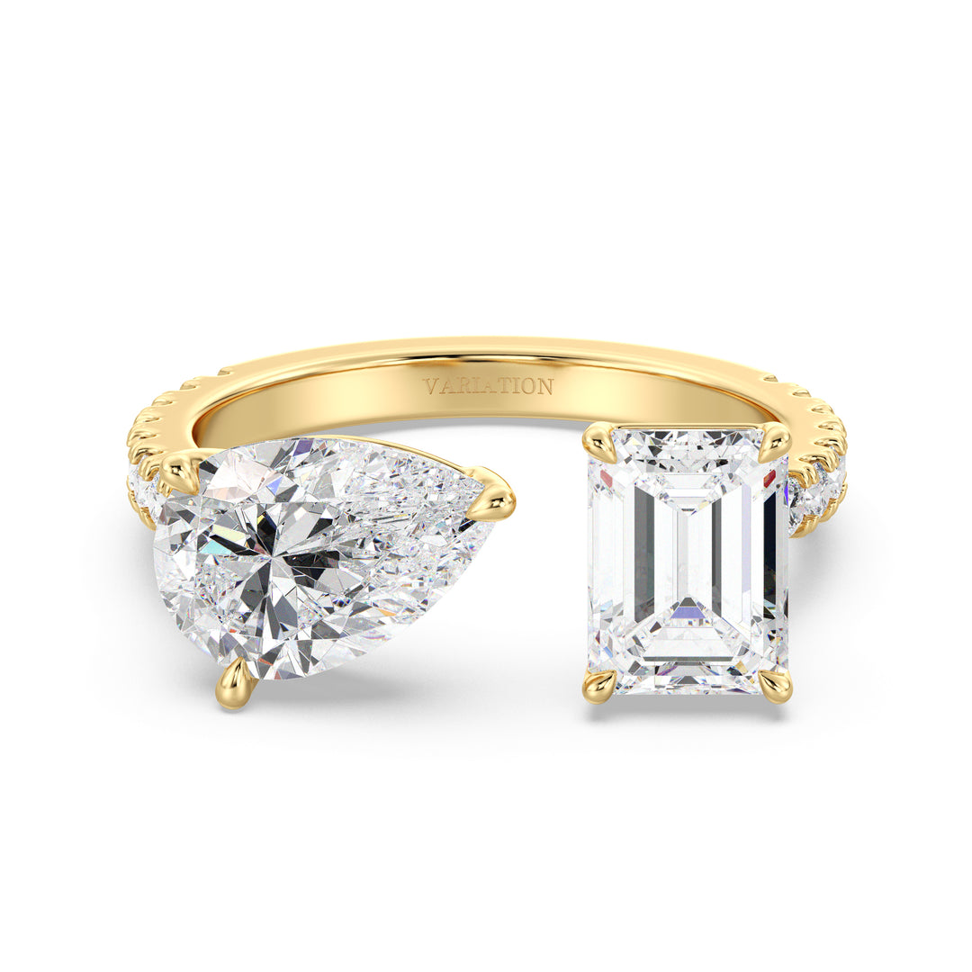Pear and Emerald Diamond Two Stone Engagement Ring in Yellow Gold