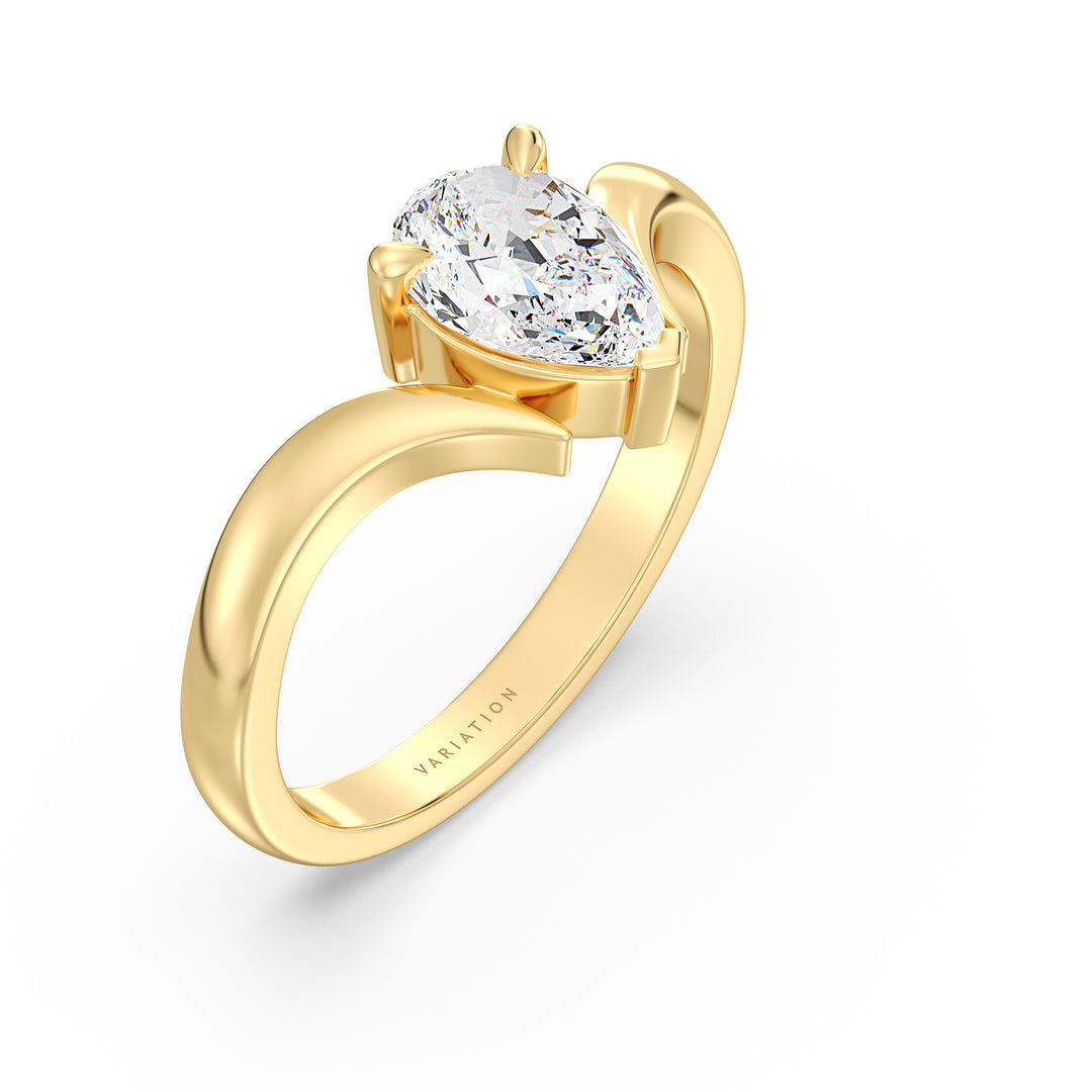 Pear Cut Diamond Solitaire Ring with Modern V Band in Yellow Gold