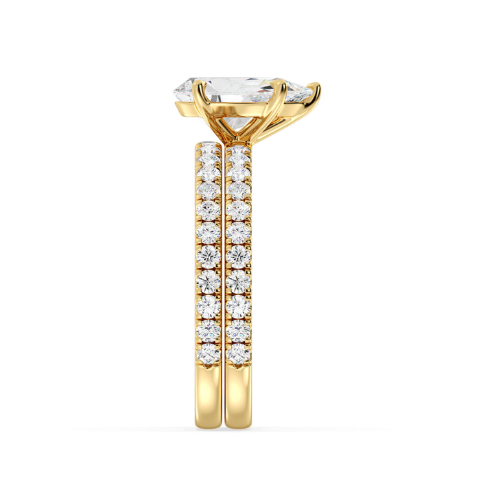 Pear Cut Lab Grown Diamond Bridal Ring Set with Pavé Accents in Yellow Gold