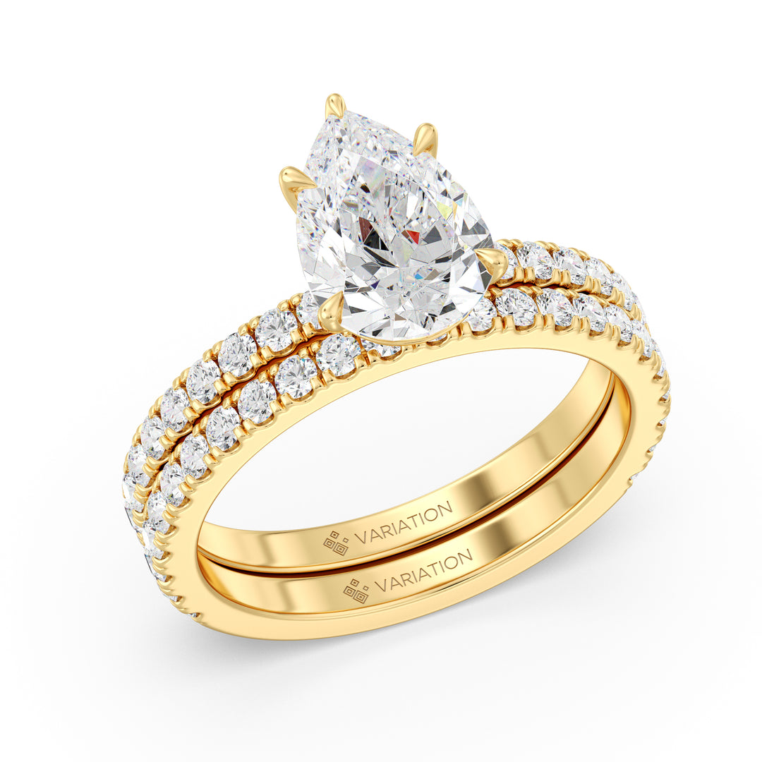 Pear Cut Lab Grown Diamond Bridal Set with Matching Wedding Band in 18K Yellow Gold