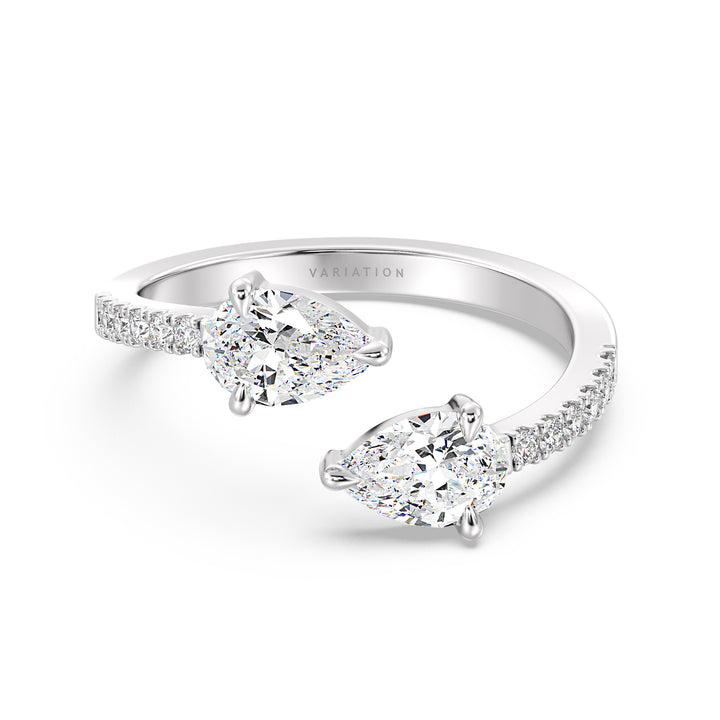 Pear Cut Lab Grown Diamond Dual Stone Open Cuff Ring in 18K White Gold